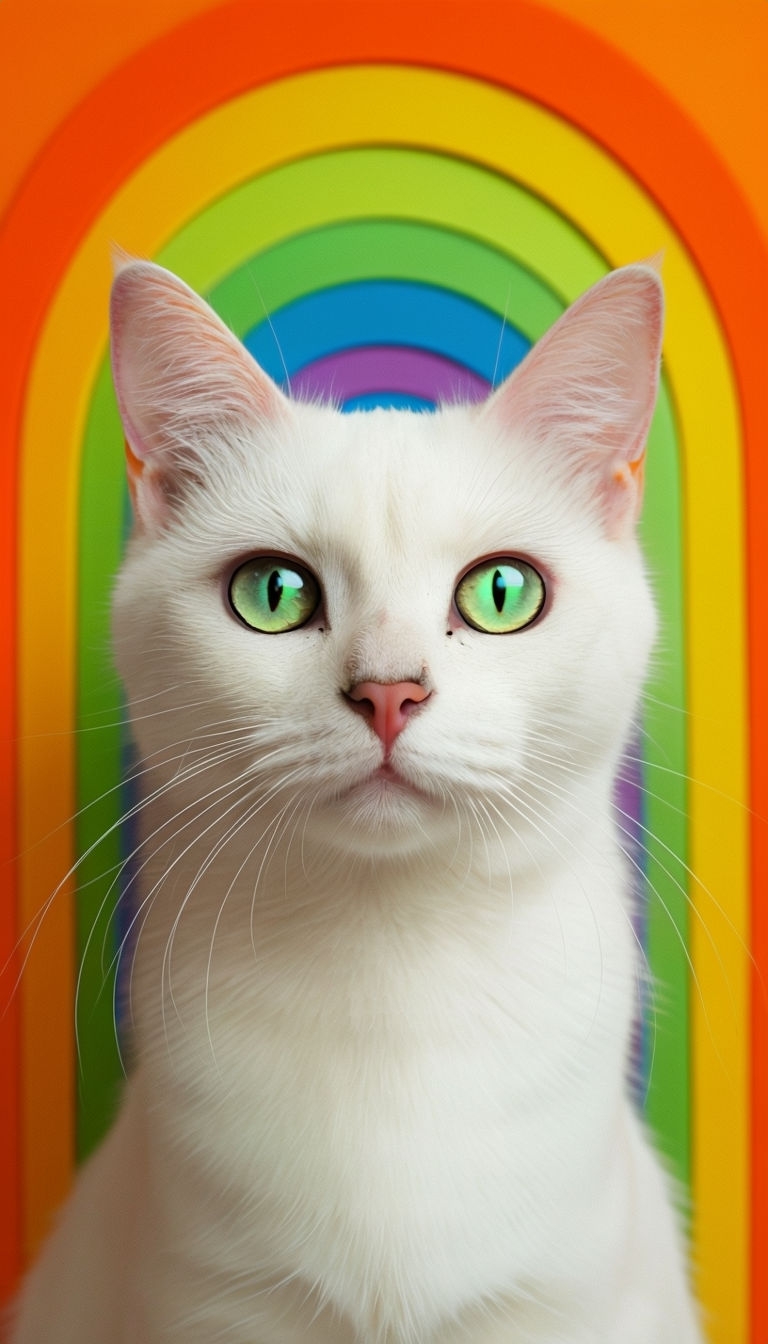 Striking White Cat with Green Eyes Against Rainbow Arches Mobile Wallpaper
