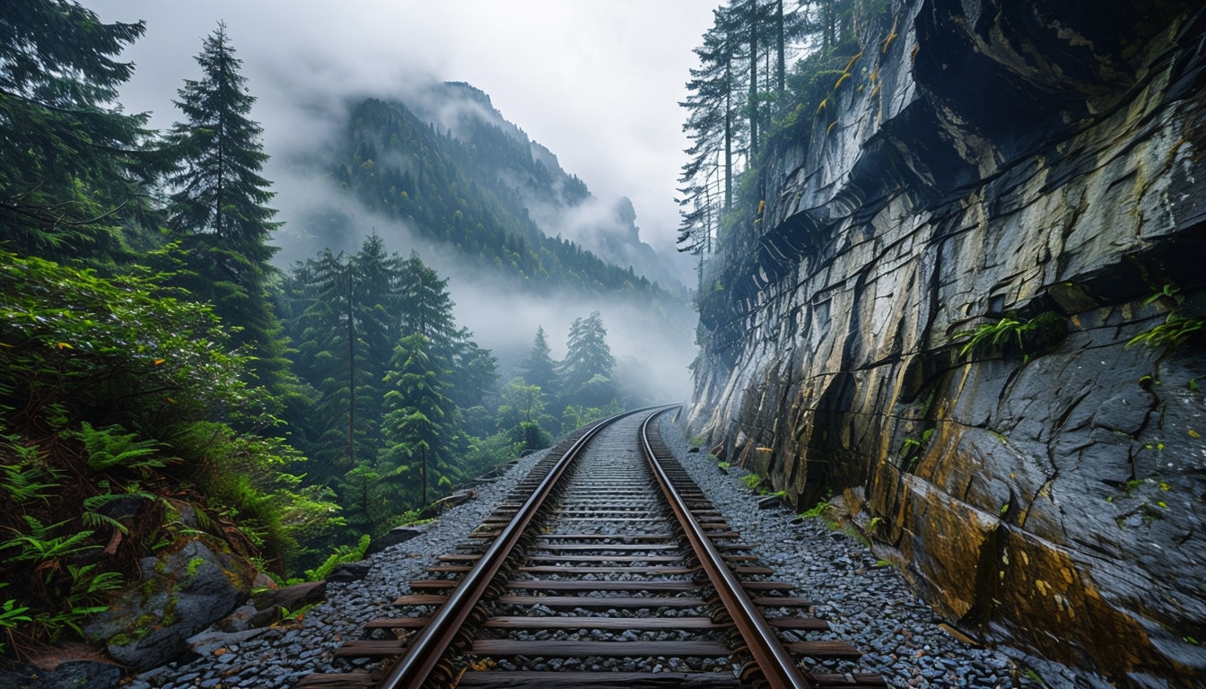Misty Mountain Railway Track in Serene Forest Landscape Virtual Backgrounds