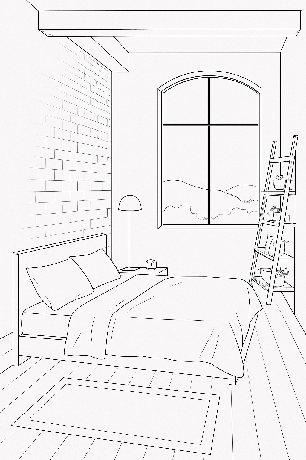 Cozy Minimalist Bedroom Line Drawing Illustration Coloring Book Pages
