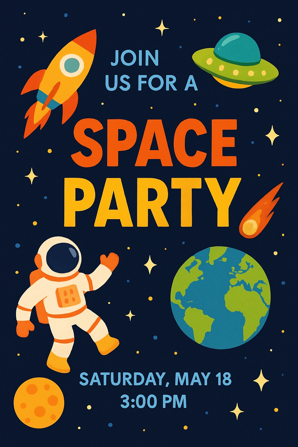 Vibrant Space Party Invitation Poster with Rocket and Astronaut Card