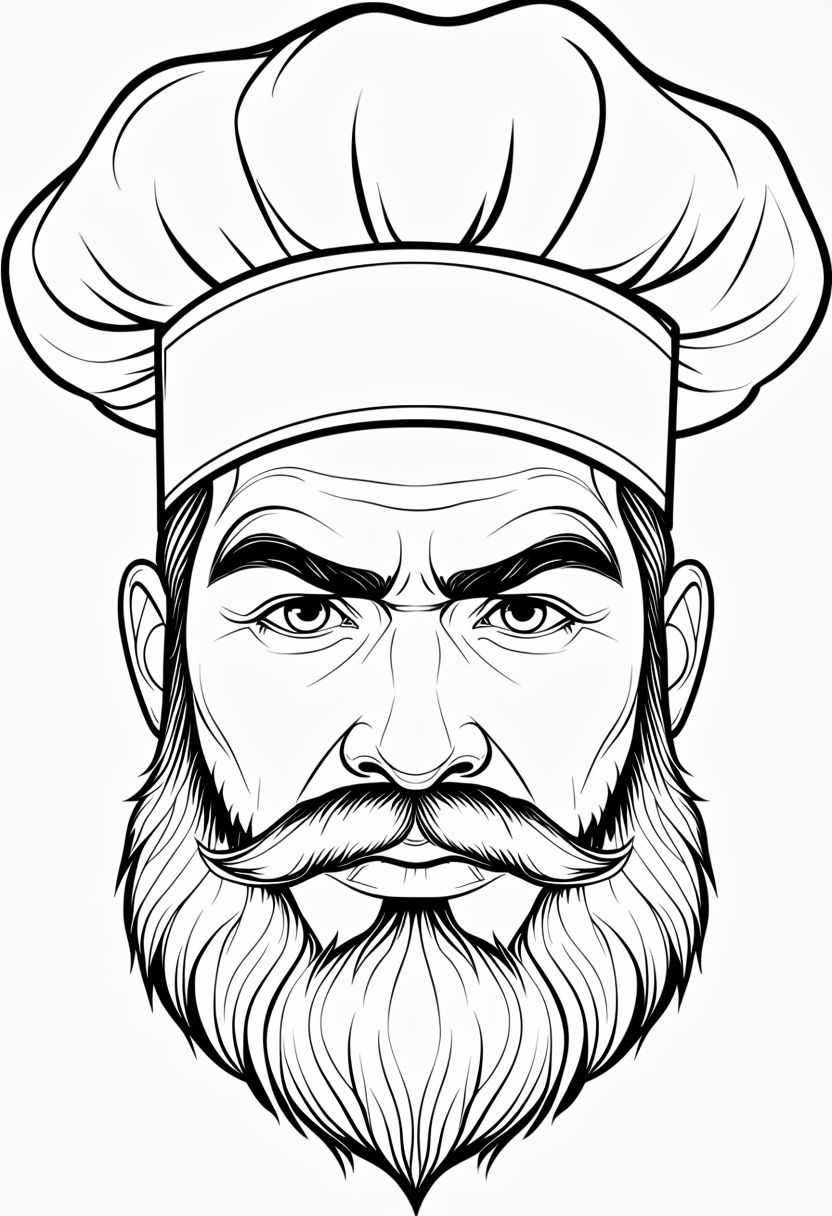 Intense Black and White Chef Face Outline Drawing for Coloring Book Pages