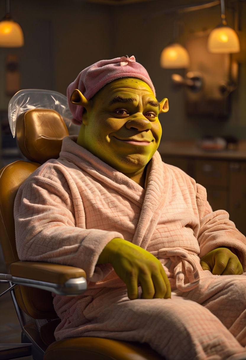 Relaxed Shrek-Like Character in Pink Bathrobe Dental Chair Art