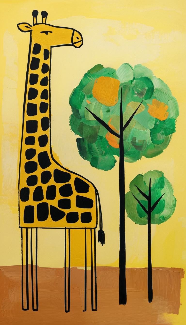 Vibrant Folk Art Giraffe Illustration with Stylized Trees Mobile Wallpaper