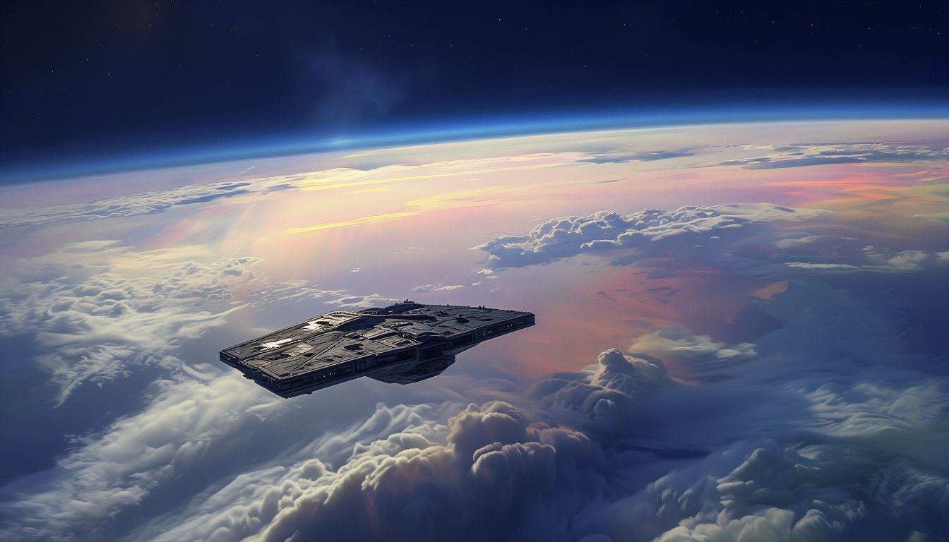 Futuristic Space Scene with Gray Spaceship and Dramatic Clouds Virtual Backgrounds