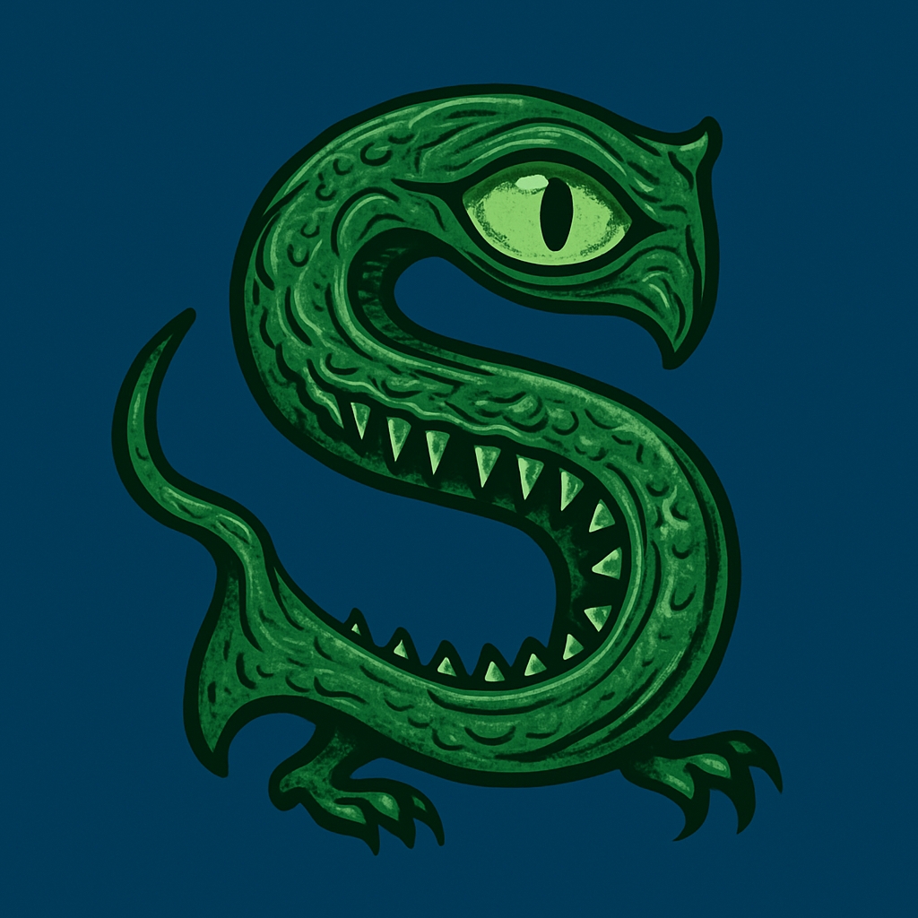 Stylized Monstrous 'S' Creature Illustration on Dark Background Monogram