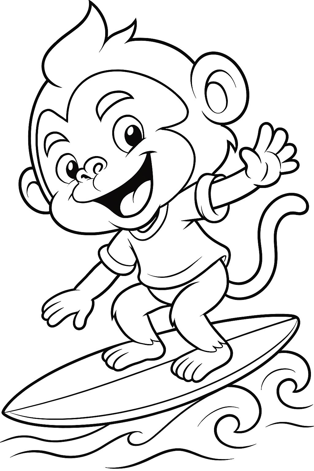 Cheerful Cartoon Monkey Surfing on Waves Coloring Book Page