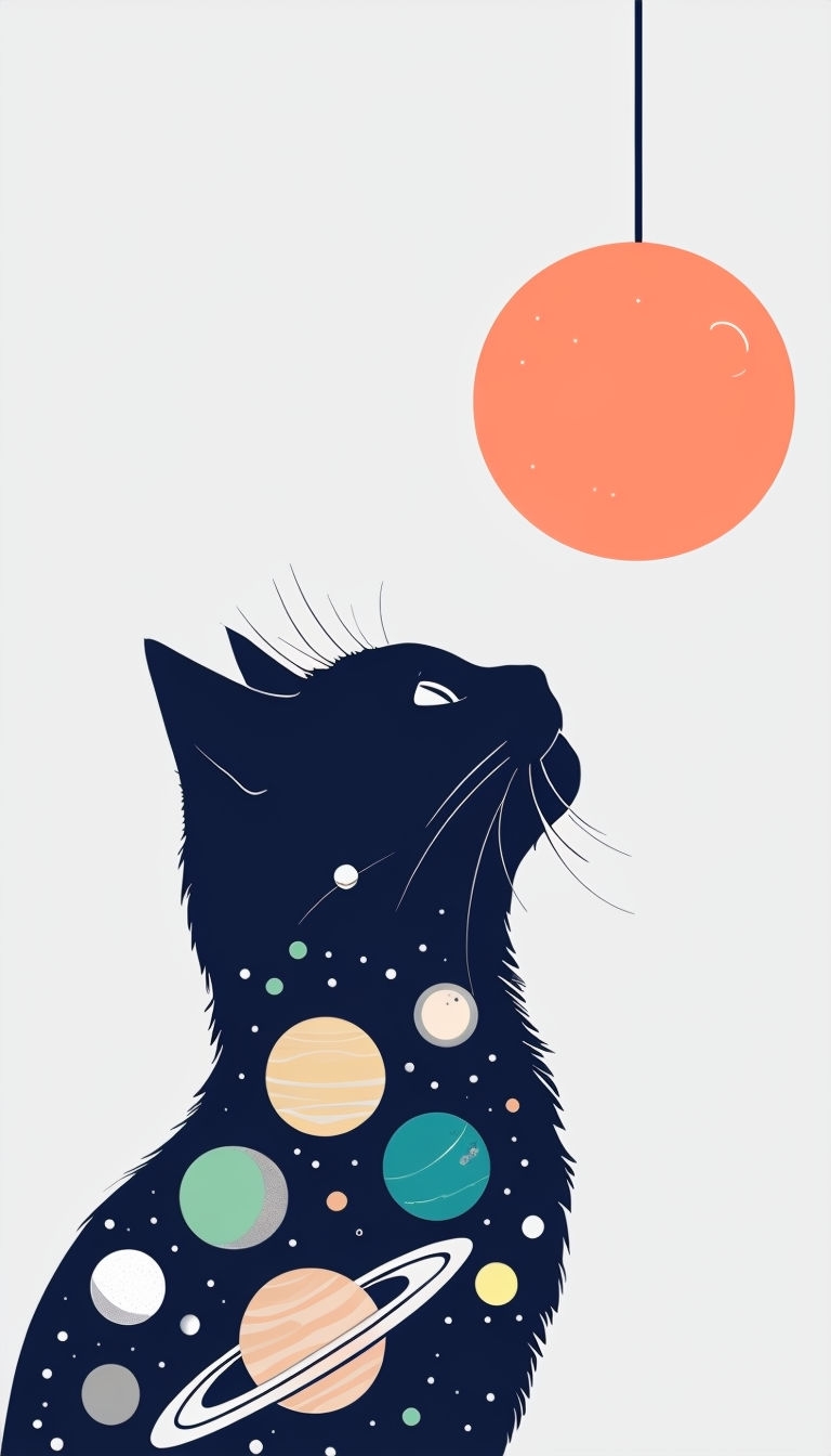 Navy Blue Cat Silhouette with Celestial Planets Phone Case Cover