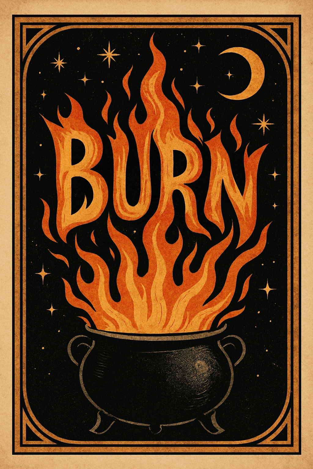 Vintage Fiery BURN Illustration with Cauldron T-Shirt