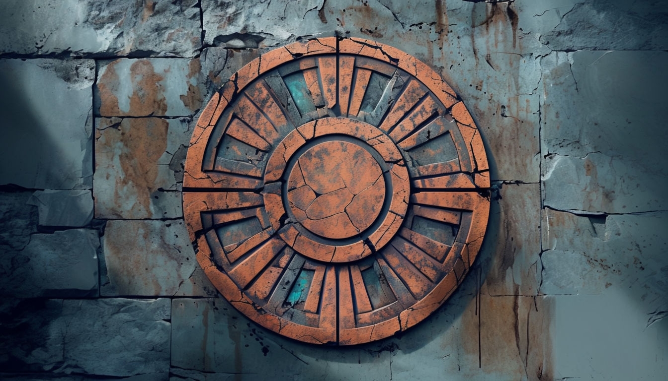 Weathered Stone Wall with Worn Sun Medallion Wallpaper for Virtual Backgrounds