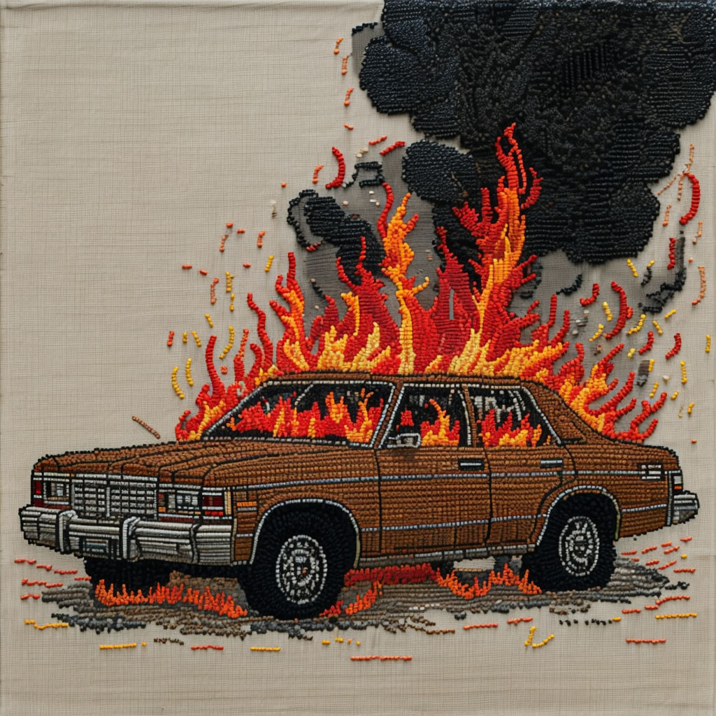 Pixelated Embroidery Artwork of a Brown Sedan on Fire Art