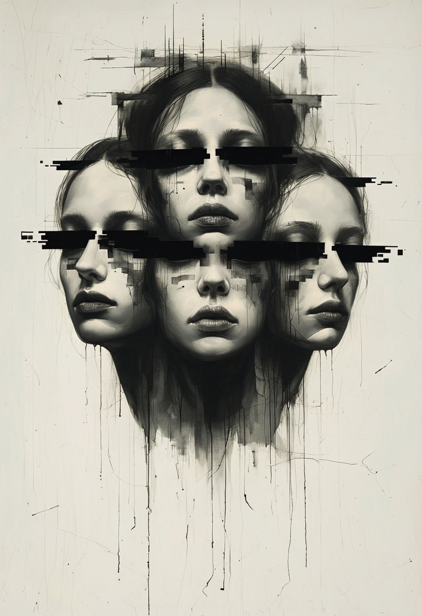 Surreal Monochromatic Faces Glitch Art Painting