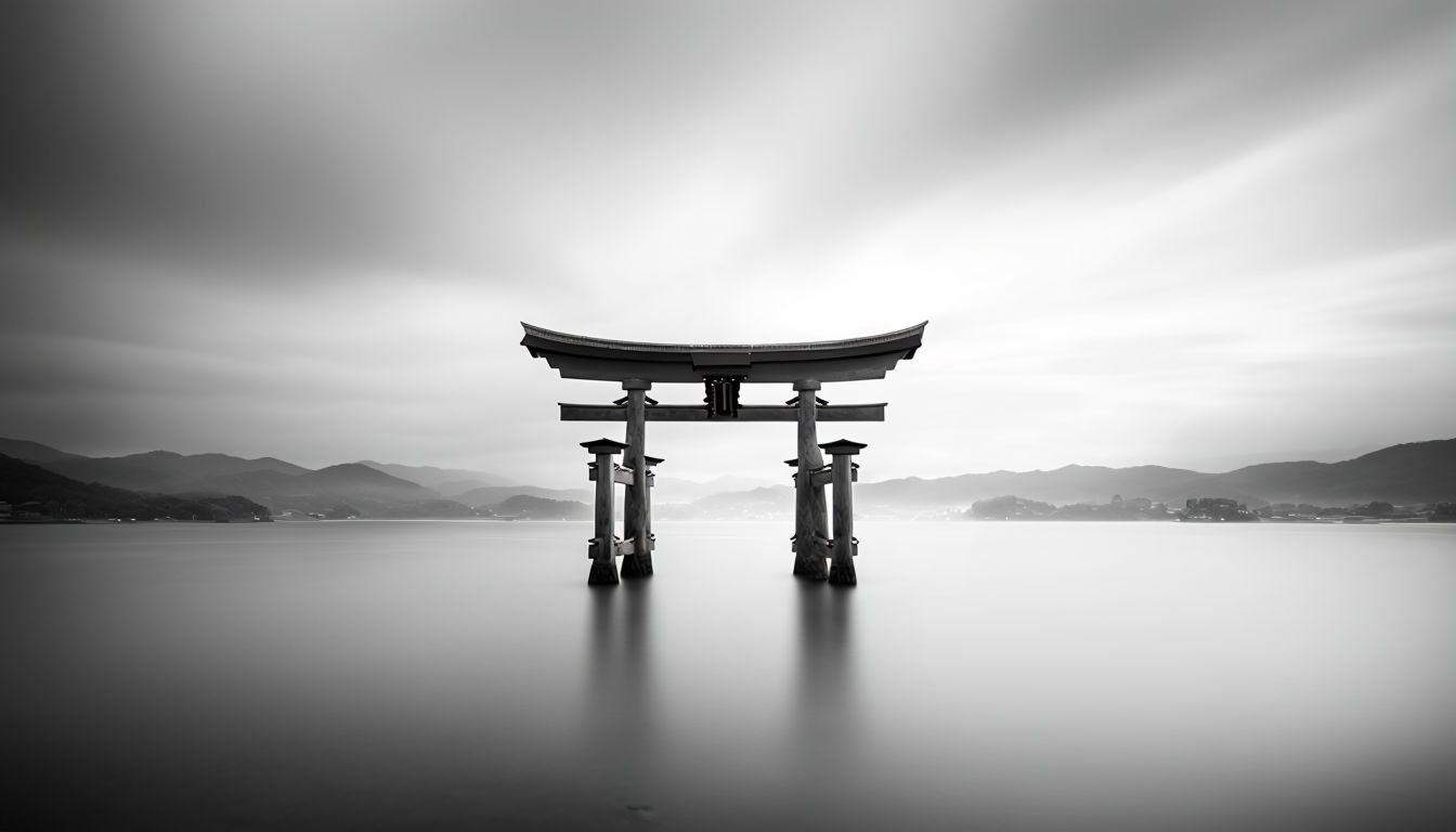 Serene Minimalist Torii Gate in Water Black and White Background