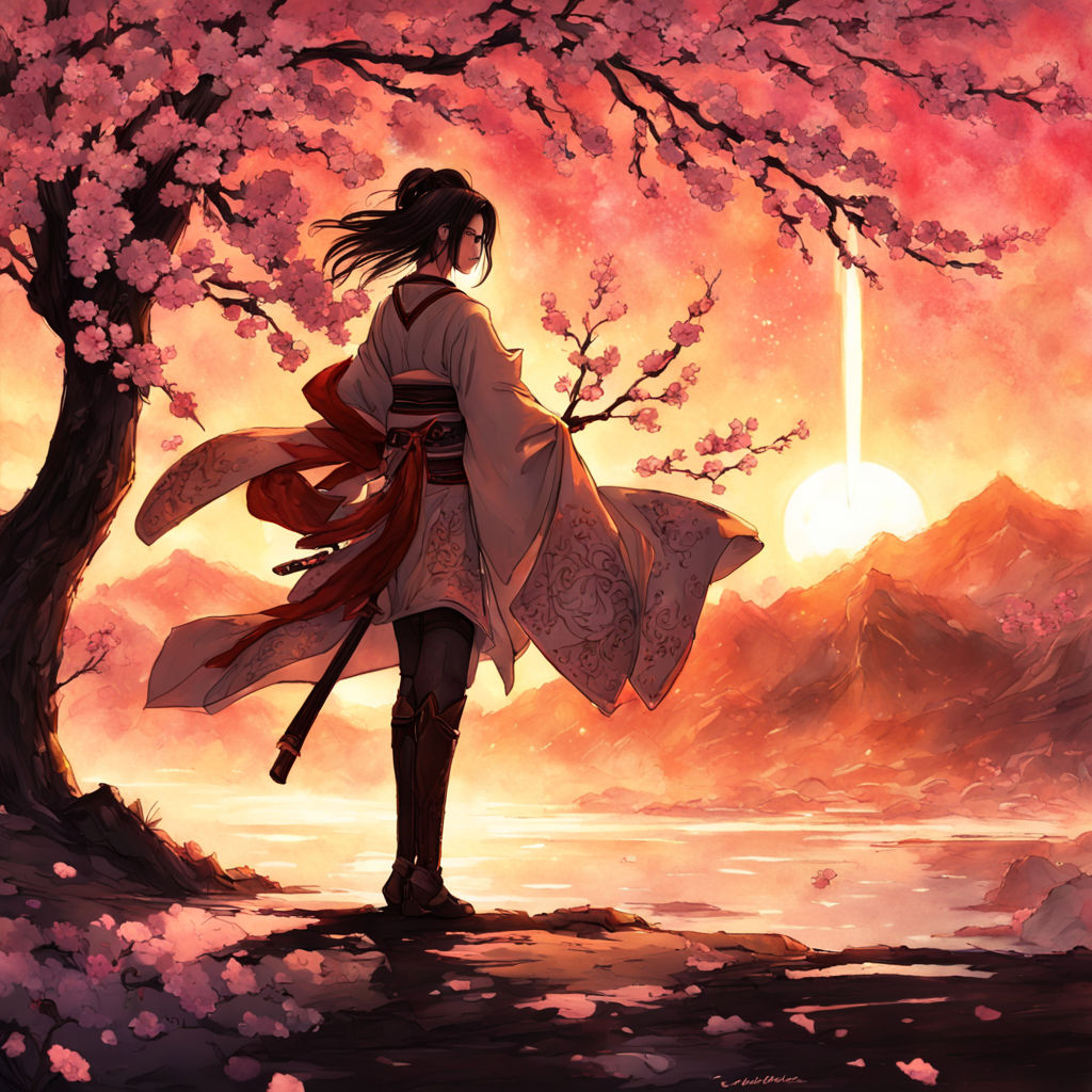 Eladrin samurai standing proud amidst a cherry blossom-fille... by King ...