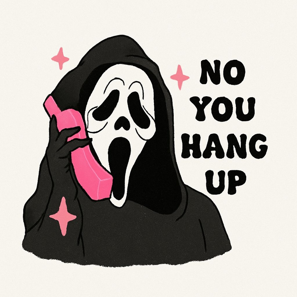 Whimsical Ghost Face Character with Phone and Playful Text Sticker