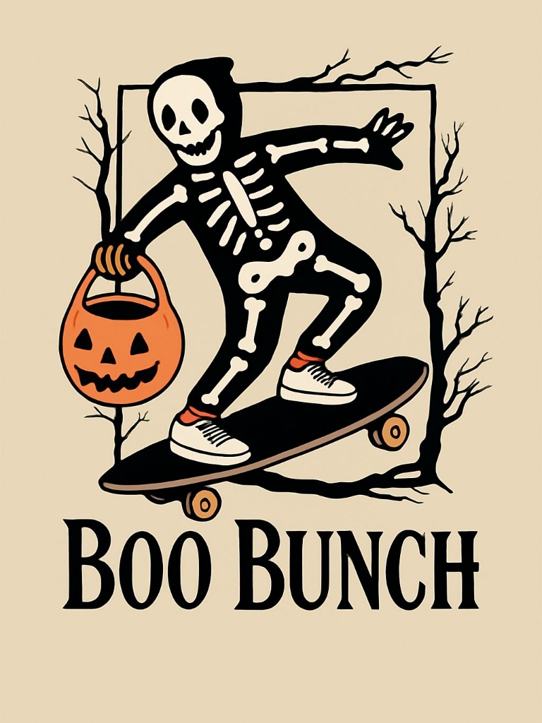 Playful Skeleton Skateboarding with Pumpkin Bucket T-Shirt