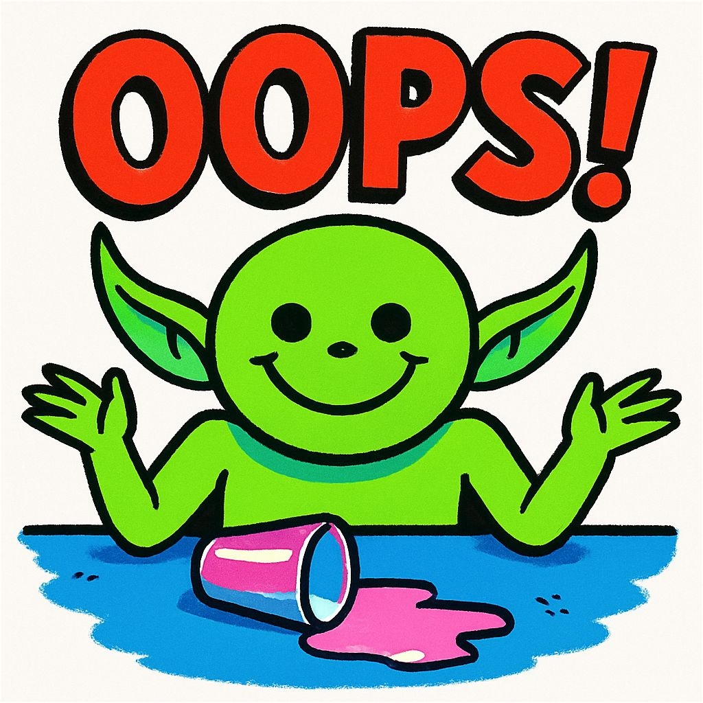 Playful Green Cartoon Character with Spilled Drink Mug
