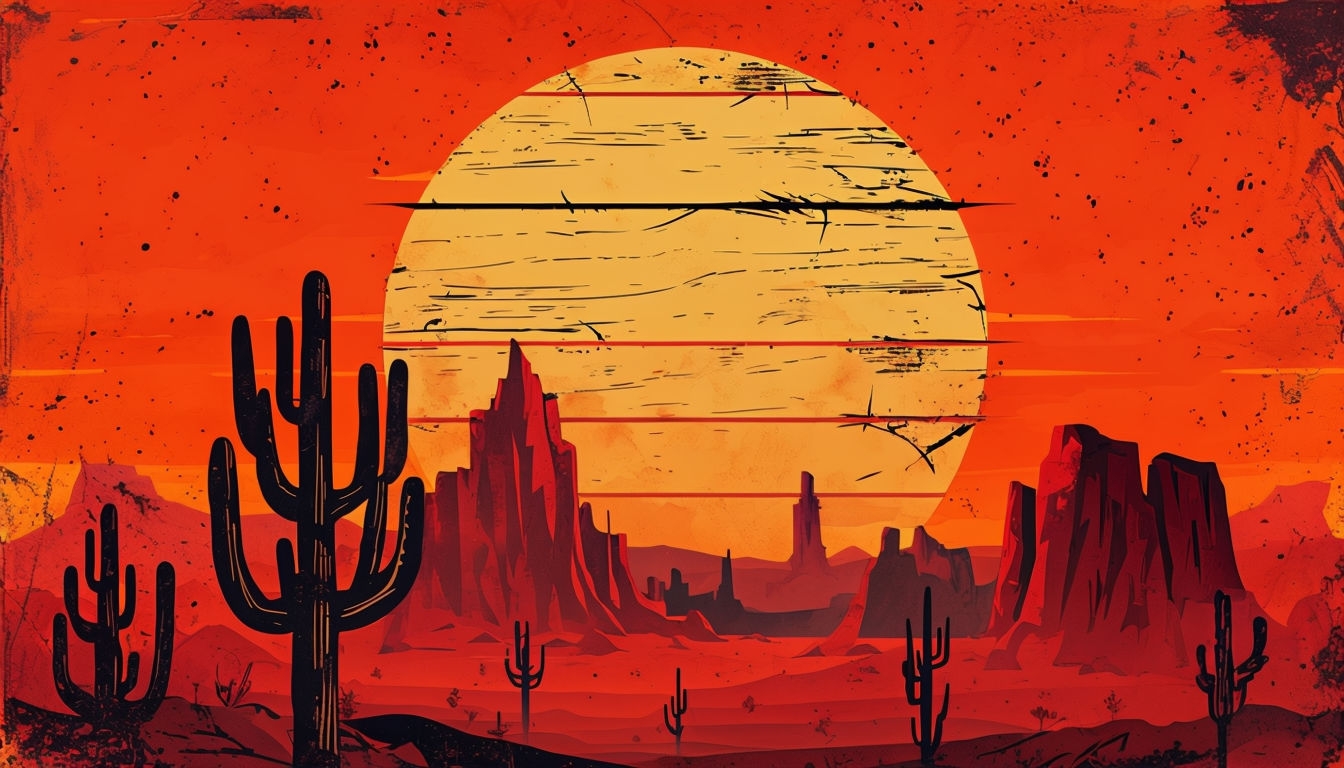 Stylized Desert Landscape with Cacti and Sun Illustration Background