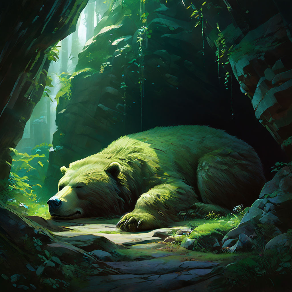 A sleeping ancient cave bear. Its fur is covered in green r... by Andrew Duryea Playground