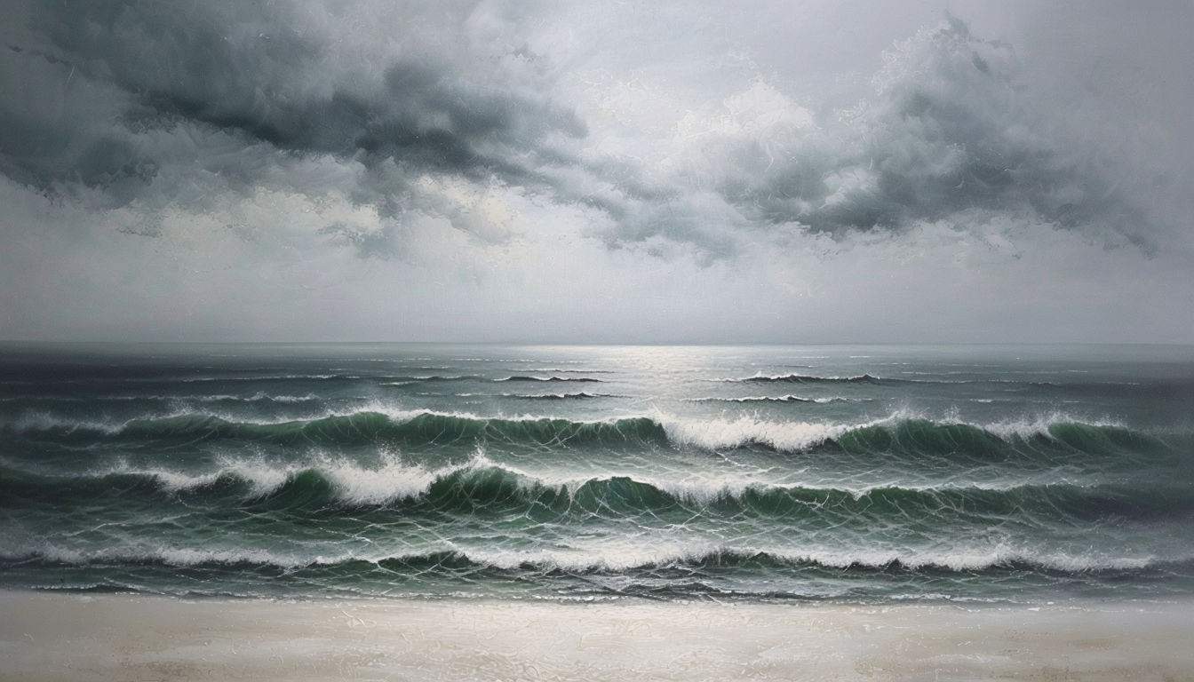 Dramatic Overcast Ocean Seascape Painting Background for Virtual Use