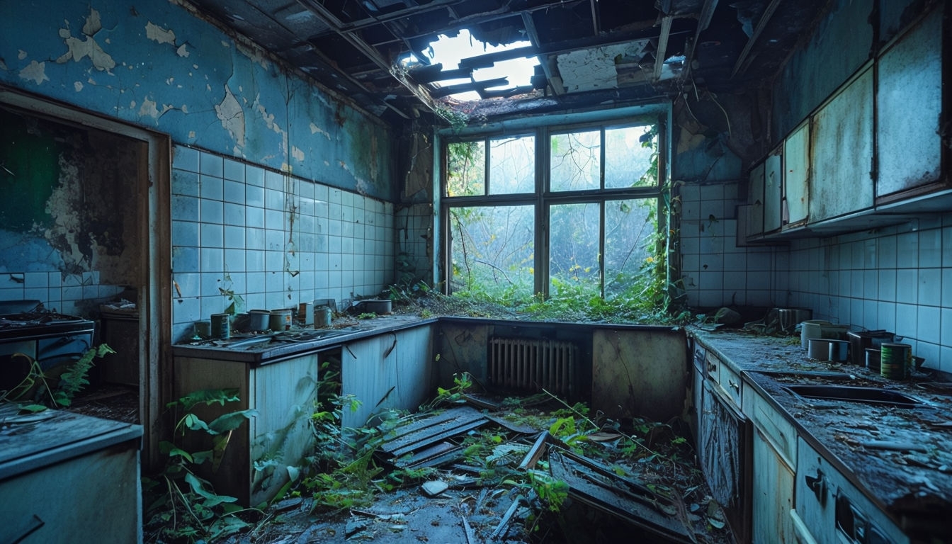 Abandoned Kitchen Overrun by Nature Photography for Virtual Backgrounds