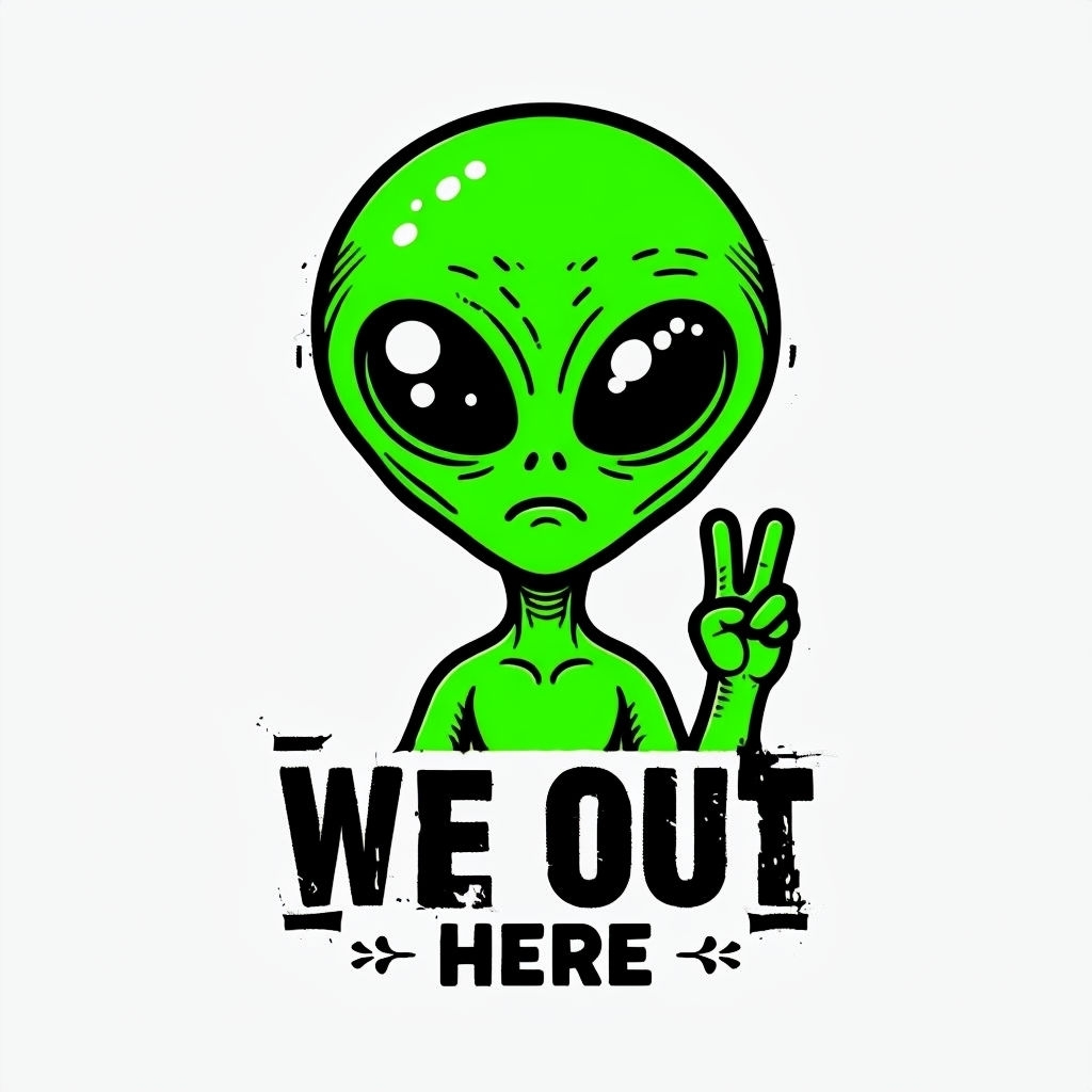 Playful Green Alien with Peace Sign and WE OUT HERE Text T-Shirt
