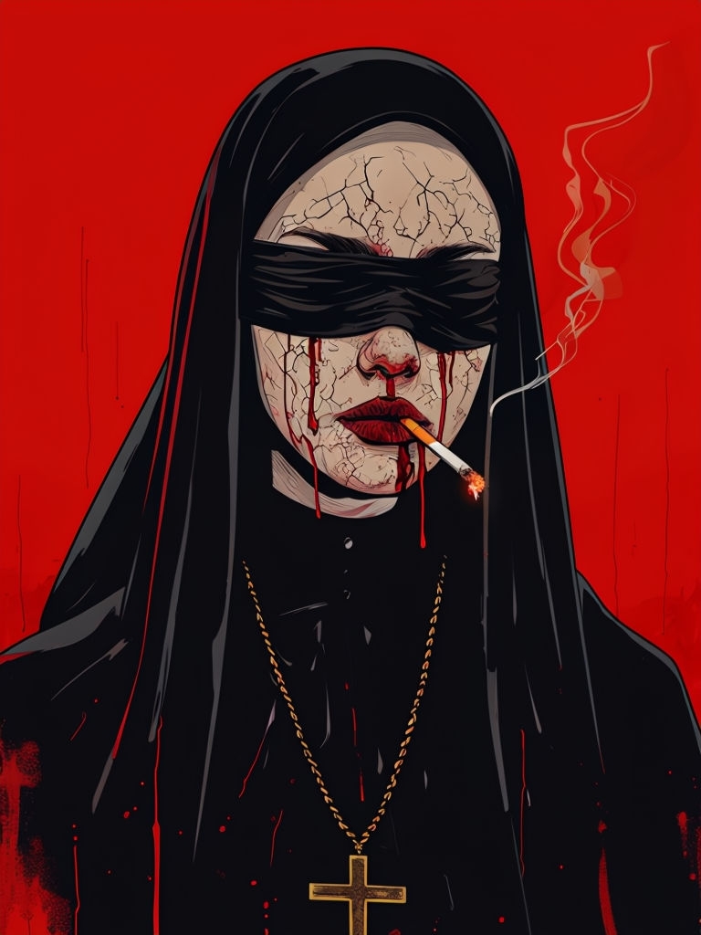 Ominous Nun Illustration in Dark Attire with Graphic Art Style Art