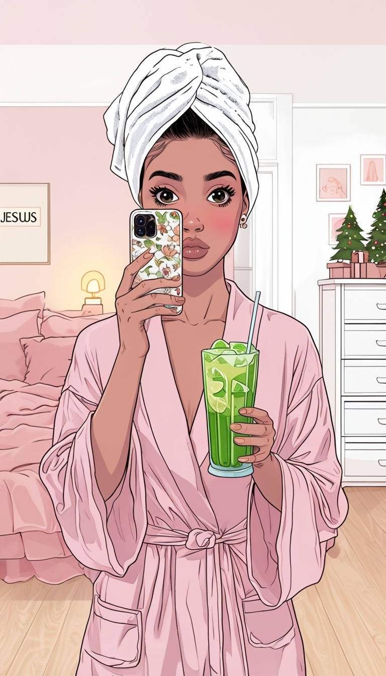 Comic-Style Illustration of Person with Smartphone and Smoothie Art