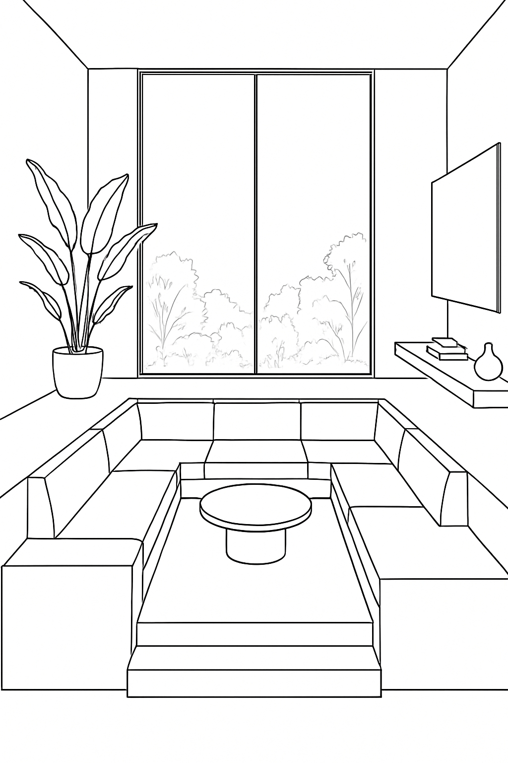 Minimalist Line Drawing of Modern Interior Room Design Coloring Book Pages