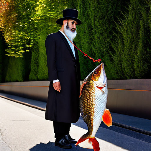 Jewish man with a carp fish on a leash by Arye Leon Don Playground