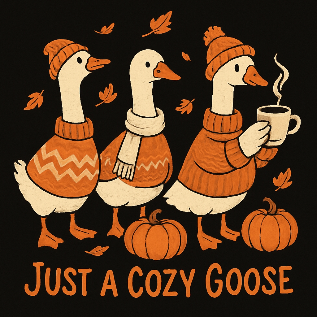 Cozy Autumn Geese Illustration with Pumpkins T-Shirt