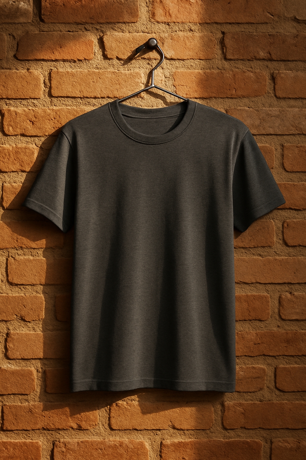 Charcoal Gray T-Shirt Hanging on Brick Wall Mockup