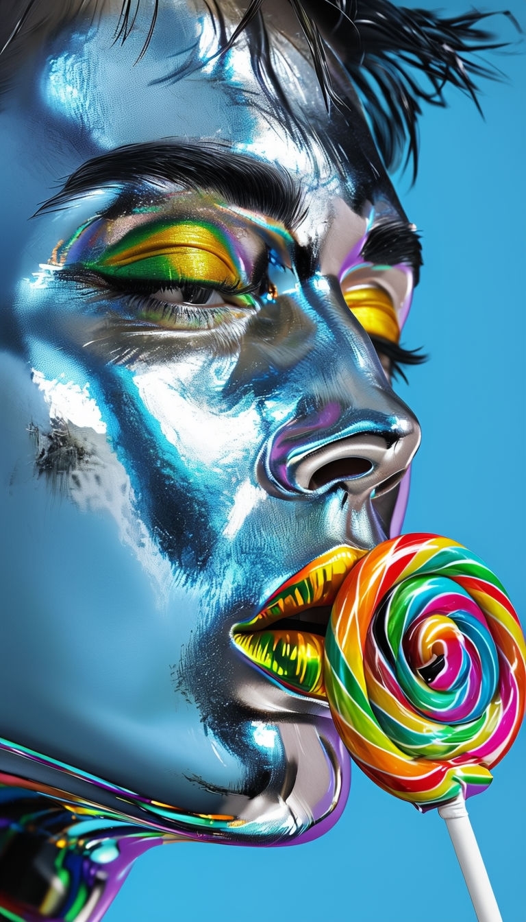 Futuristic Chrome Face Art with Colorful Lollipop Illustration Art