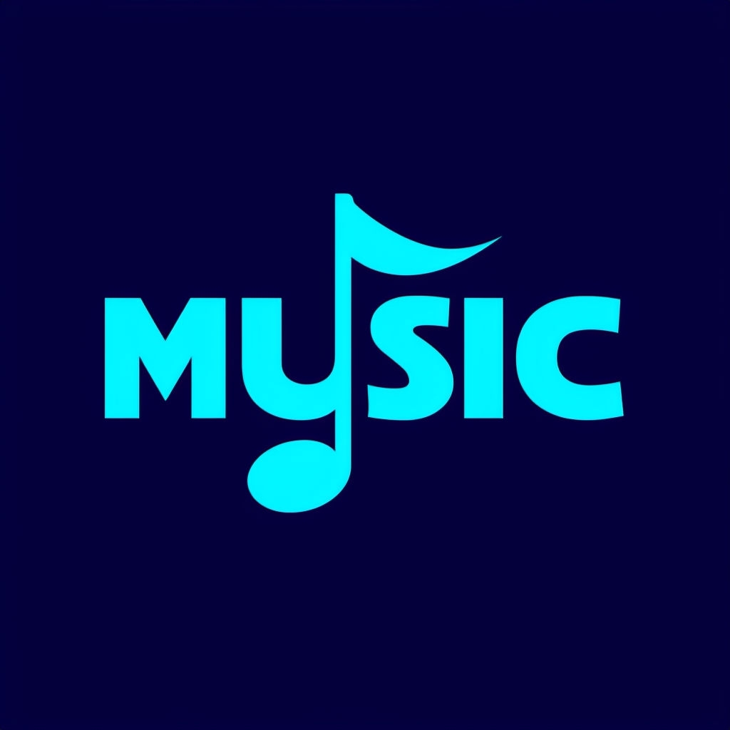 Bold Cyan Music Logo with Stylized Eighth Note Design