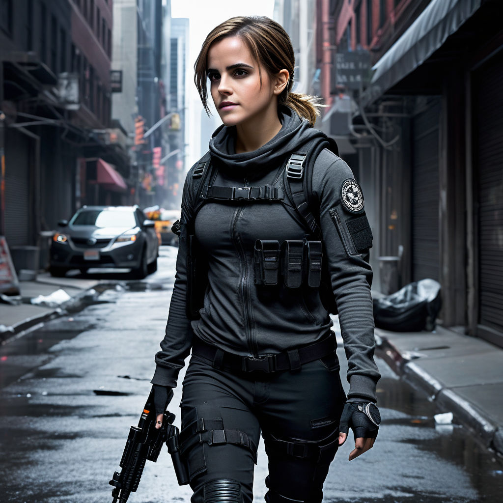 Full body photo of lesbian Emma Watson as sexy Mockingjay