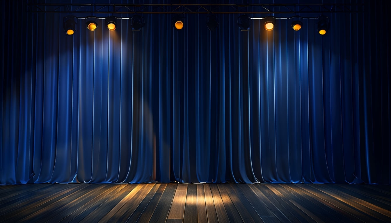 Dramatic Theater Stage with Midnight Blue Curtains Virtual Background