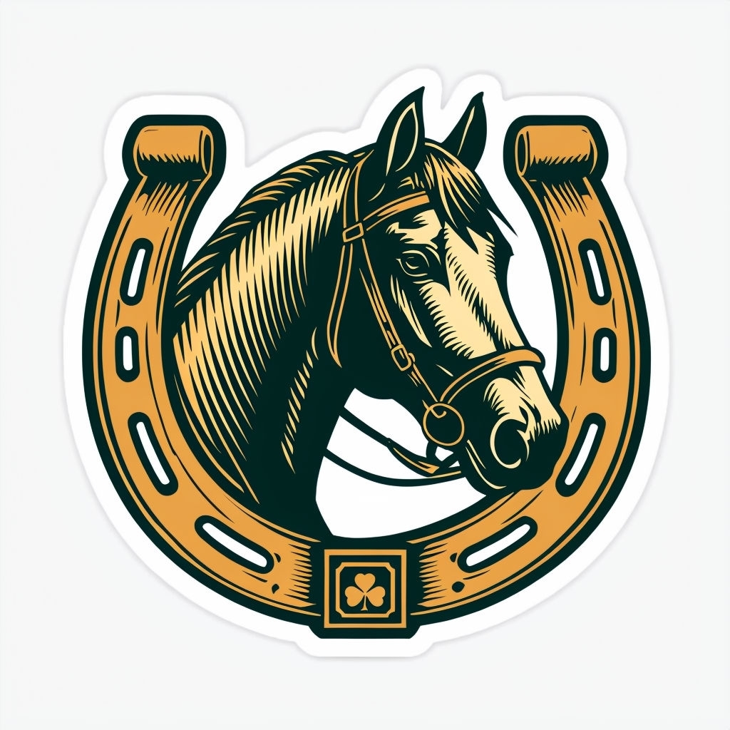 Vintage Golden Horseshoe and Horse Illustration Sticker