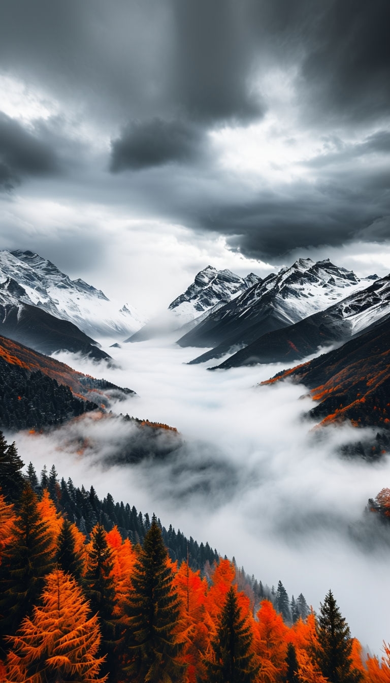 Autumn Mountain Landscape with Misty Forest and Snow-Capped Peaks Mobile Wallpaper
