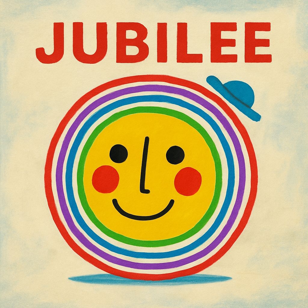 Cheerful Cartoon Jubilee Face with Colorful Rings Design Spotify Album Cover