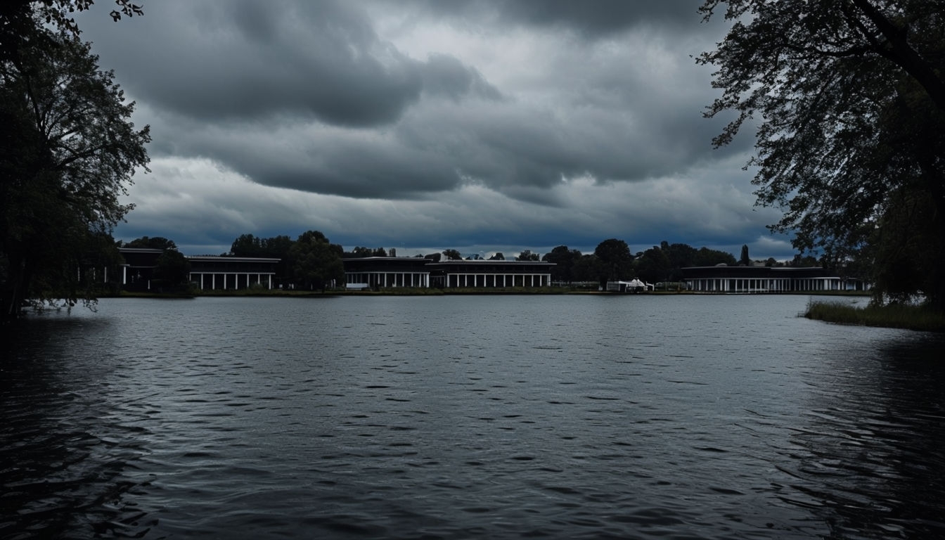 Serene Overcast Lake with Modern Architecture Virtual Background