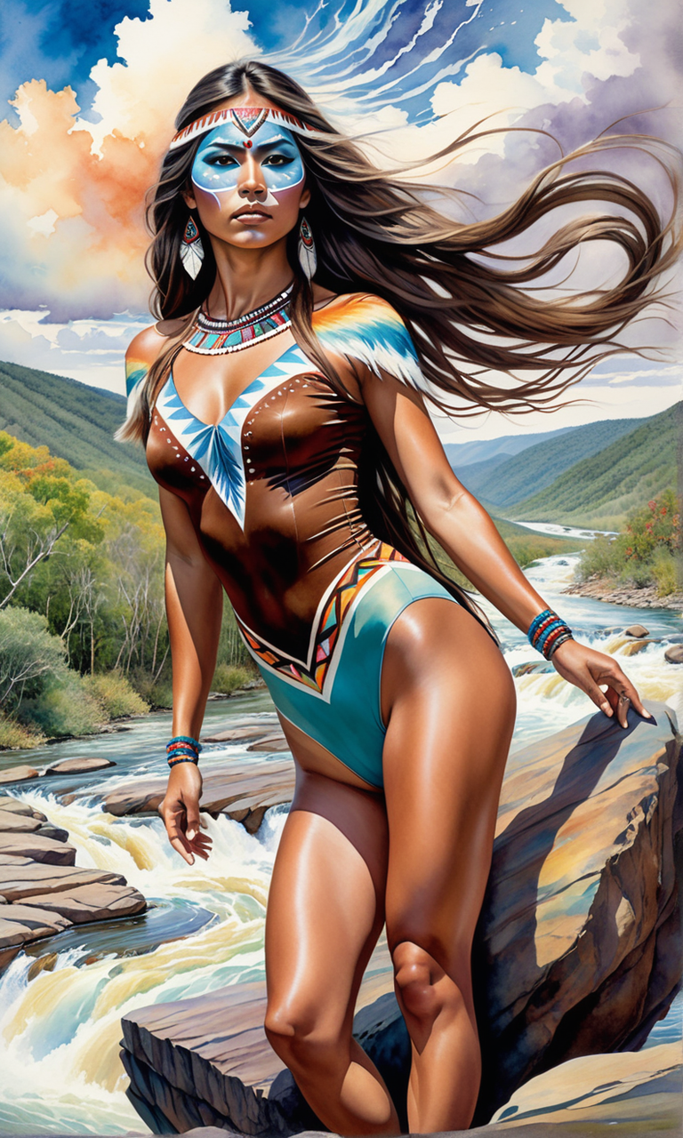 A beautiful native american woman wearing a tight black tribal loincloth.  Hyperrealistic style