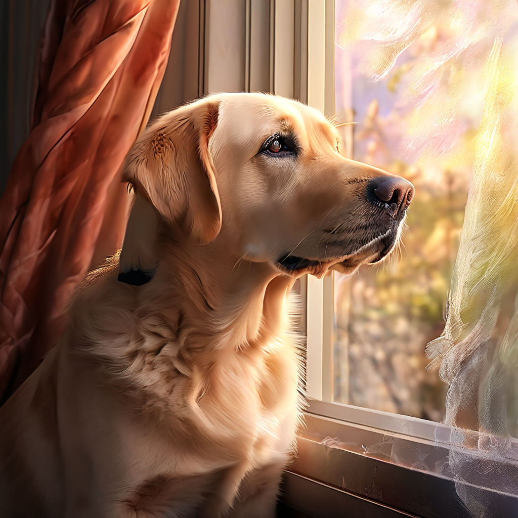 Prompt: a labrador a labrador looking out the window, soft pastel colors enhancing the scene, feathers and fur rendered in high detail for a realistic digital illustration, the interaction bathed in natural lighting, creating a whimsical ambiance and emotional connection between the pet companions, whimsical ambiance, pet companions, digital illustr, ultra hd, realistic, vivid colors, highly detailed, UHD drawing, pen and ink, perfect composition, beautiful detailed intricate insanely detailed octane render trending on artstation, 8k artistic photography, photorealistic concept art, soft natural volumetric cinematic perfect light