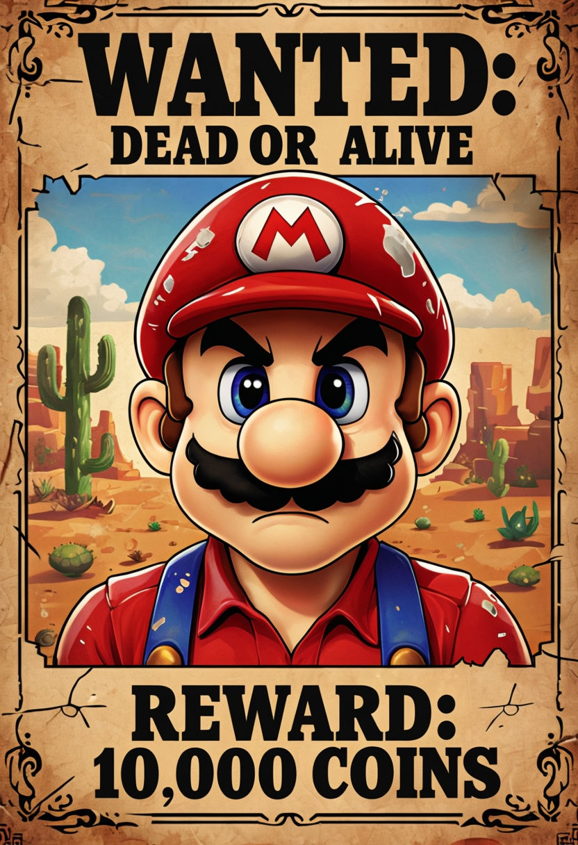 Wanted: Dead or Alive Mario Vintage Western Cartoon Poster