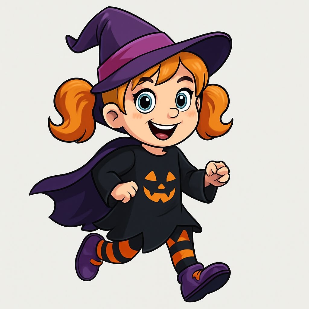 Vibrant Cartoon Witch Girl with Pumpkin Design Sticker
