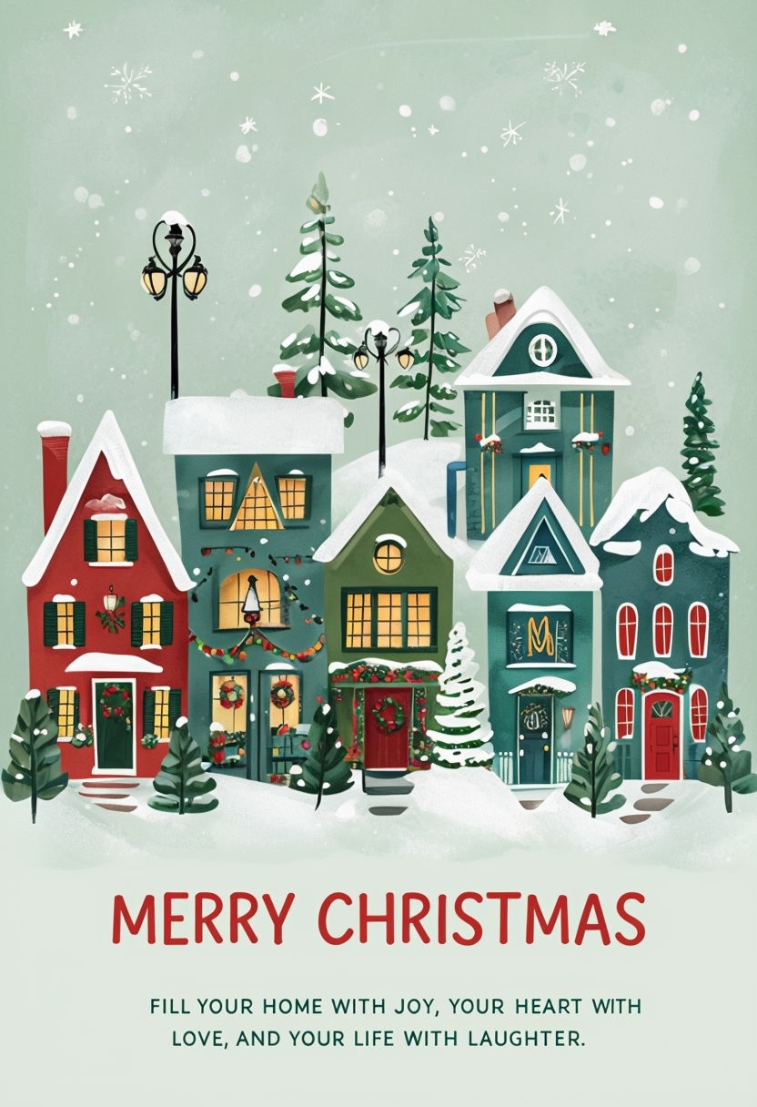 Cheerful Christmas Greeting Card with Snowy Town Scene