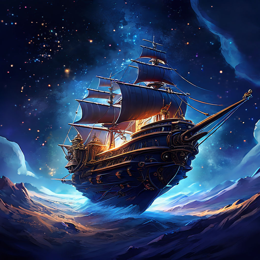 fantasy pirate ship on ocean, a spaceship in space, illustration