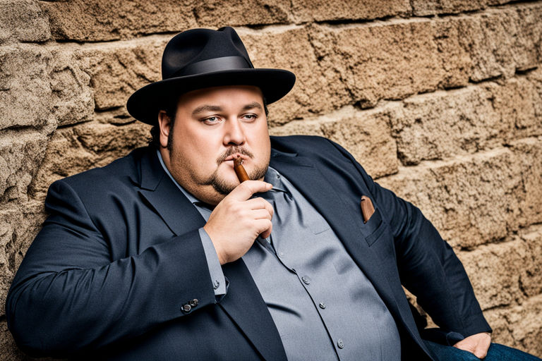 A fat man smoking a pipe with a fedora hat posing as a hero by