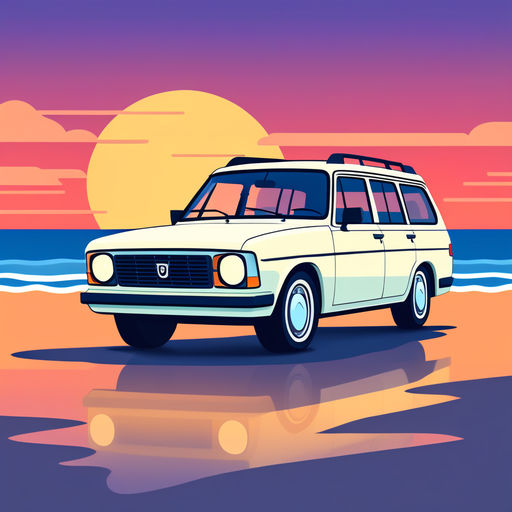 A minimalist retro cartoon style image of a white 1989 Volvo... by ...