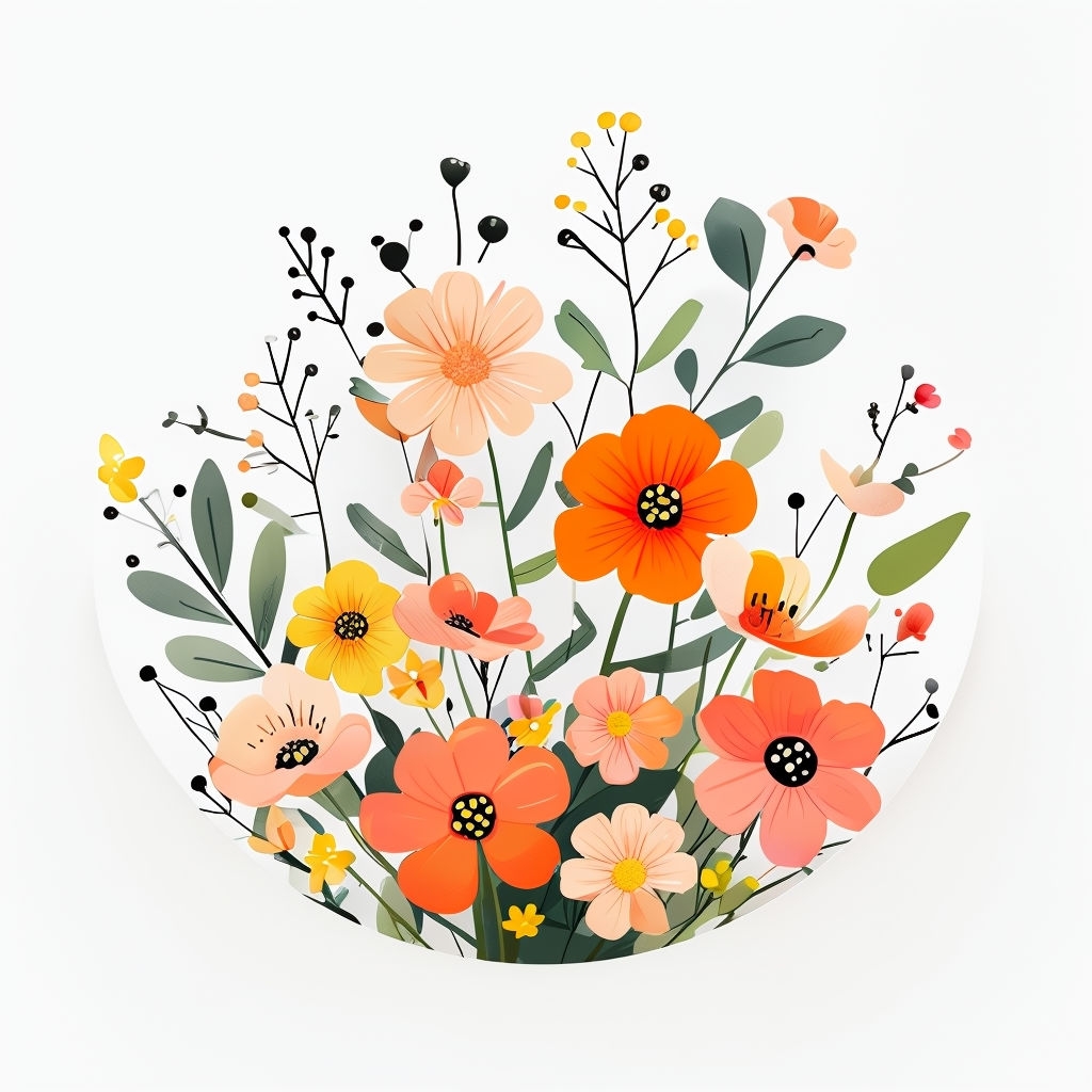 Cheerful Semi-Circular Floral Arrangement on White Background Poster