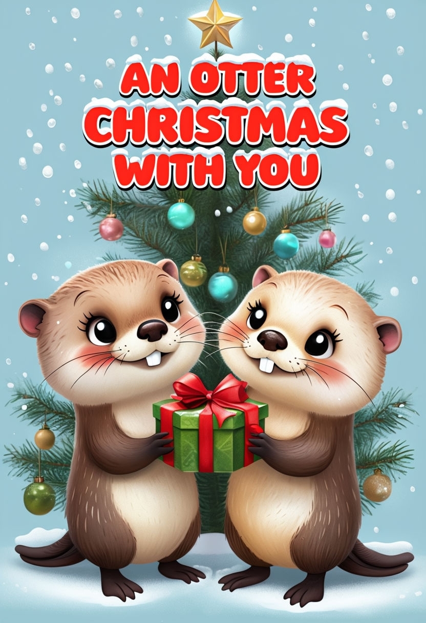 Cheerful Cartoon Otters with Christmas Gift Illustration Card