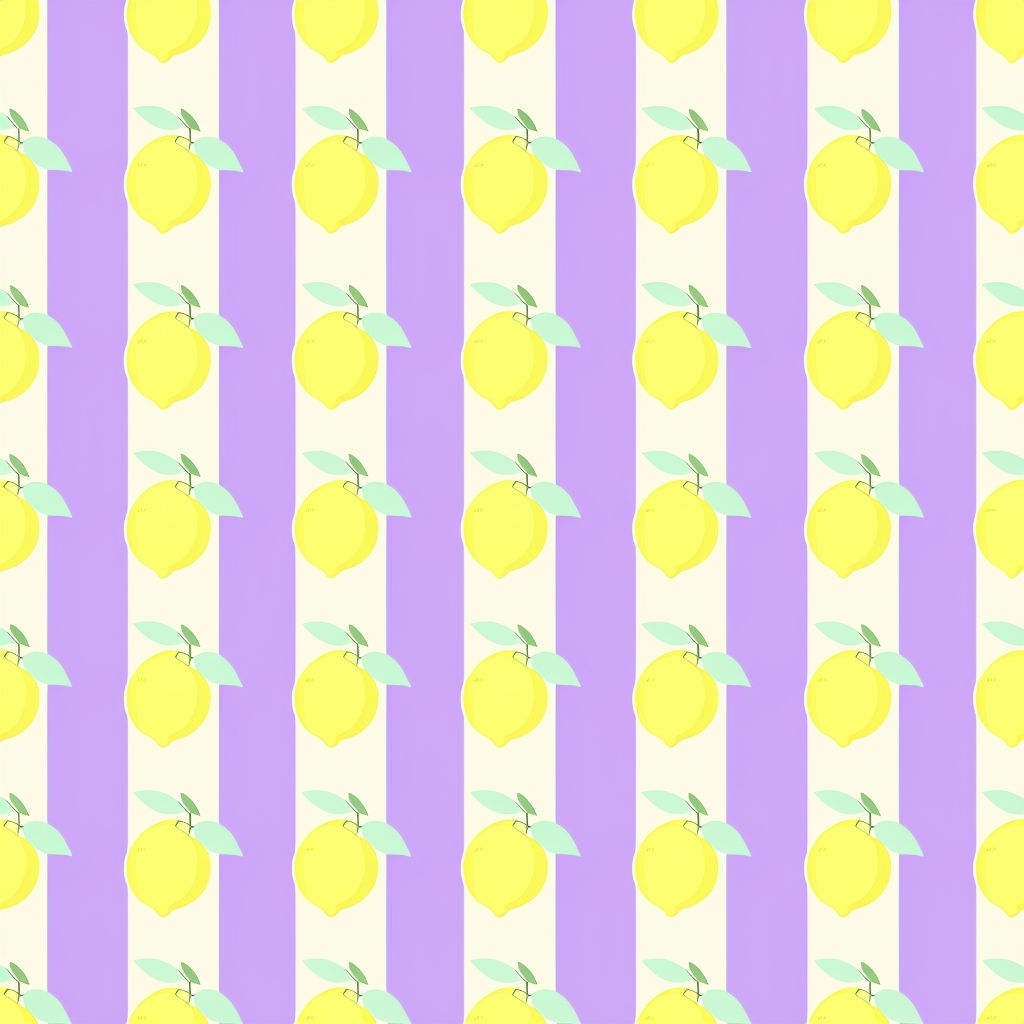 Vibrant Lemon and Mint Green Leaf Pattern on Lavender Stripes Seamless Pattern